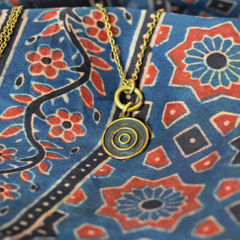 Bullseye Necklace on Ajrakh Tassled Blue and Red Stole