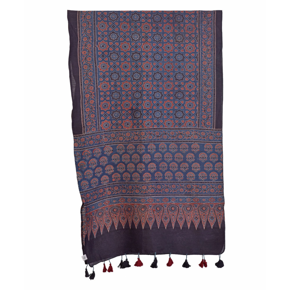 Ajrakh Hand Printed Tassled Blue and Red Stole Folded