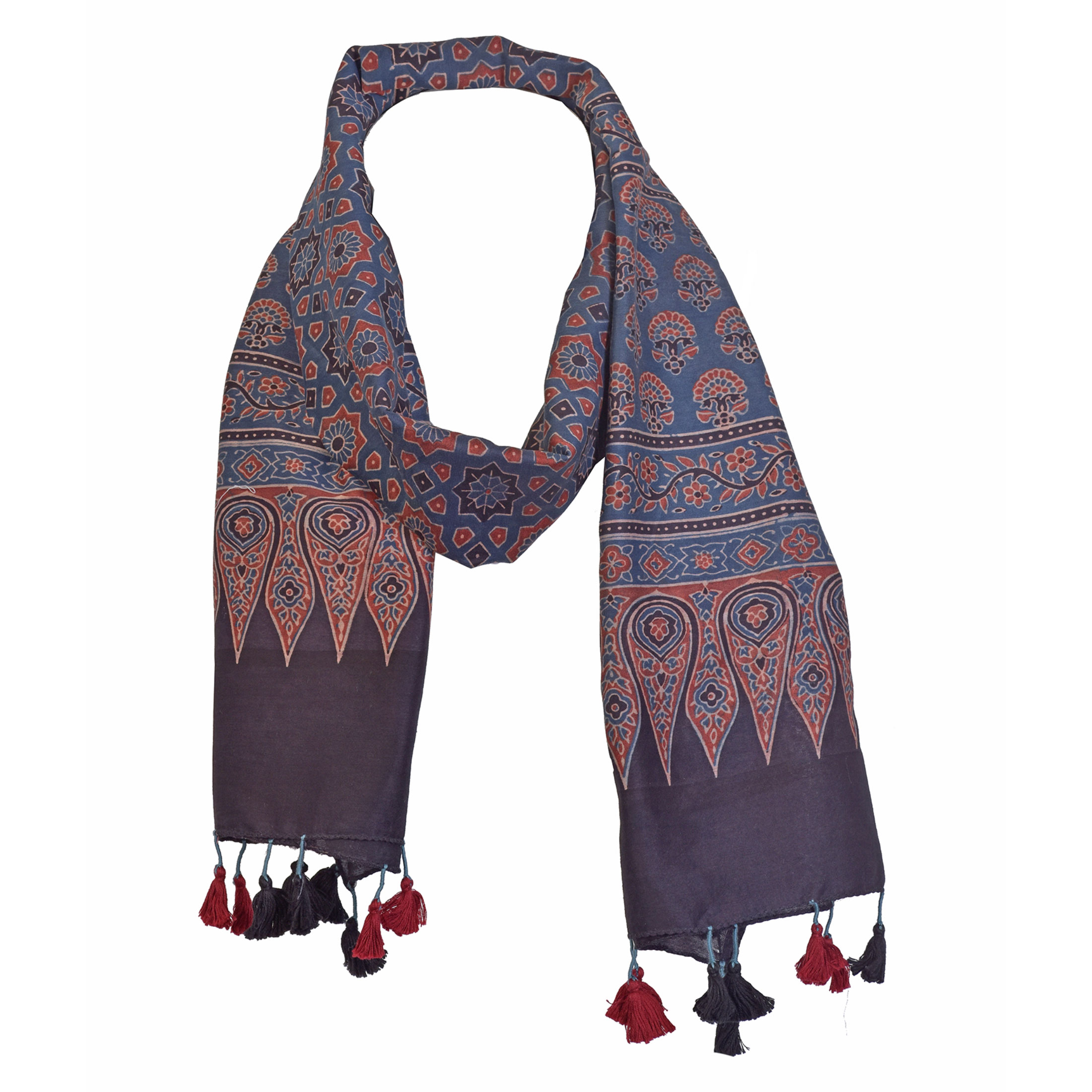 Ajrakh Hand Printed Tassled Blue and Red Stole Neck View