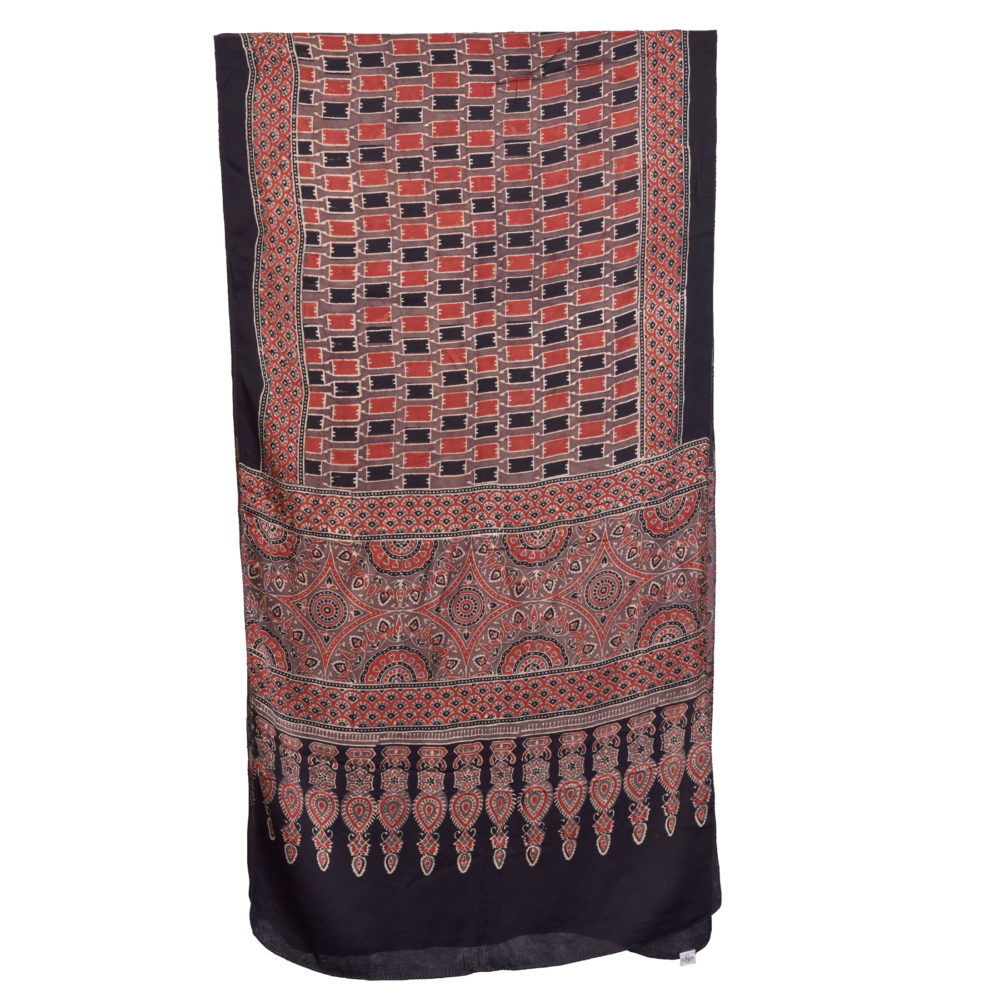 Ajrakh Modal Hand Printed Black and Red Tile Print Scarf Folded