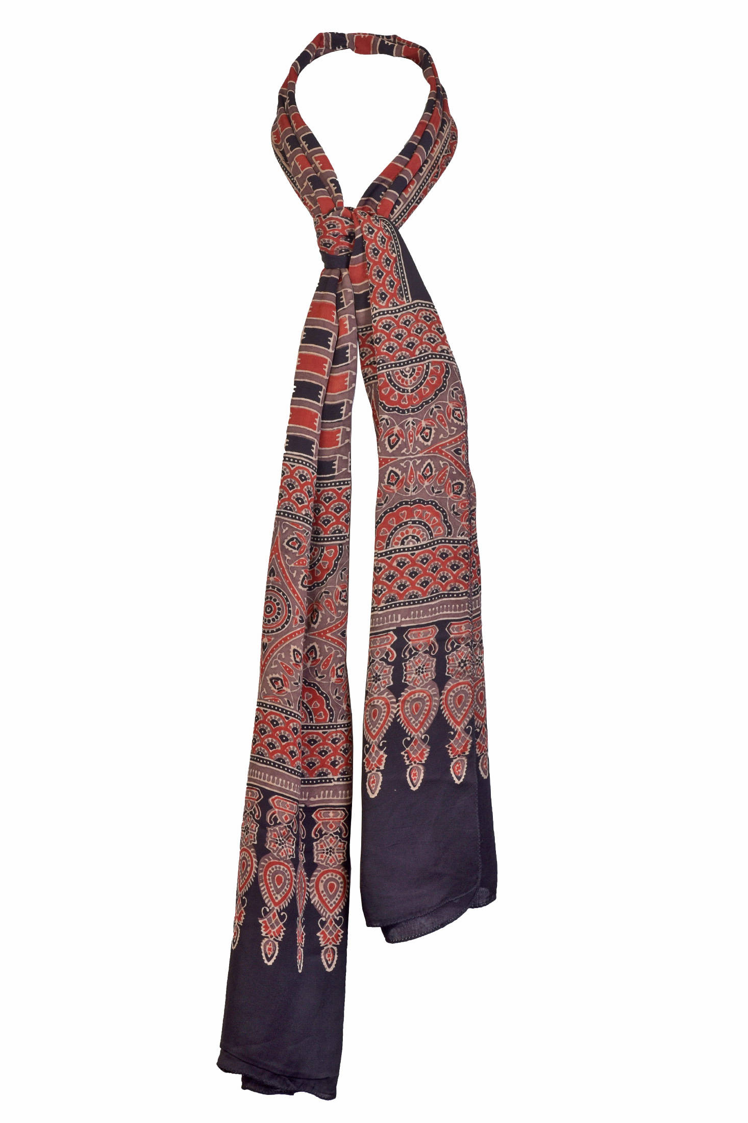 Ajrakh Modal Hand Printed Black and Red Tile Print Scarf Neck View