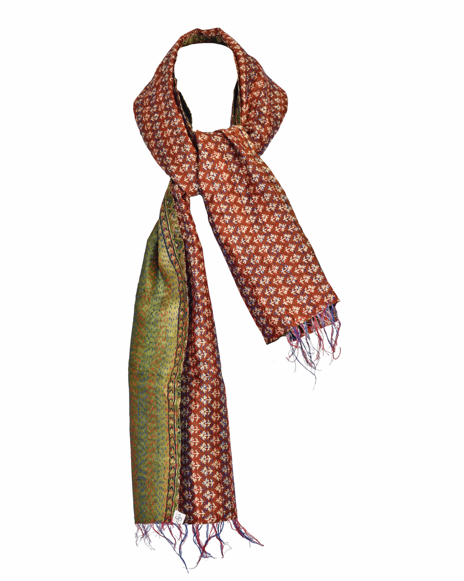 Block Print and Silk Hand Stitched Reversible Green and Red Stole Neck View