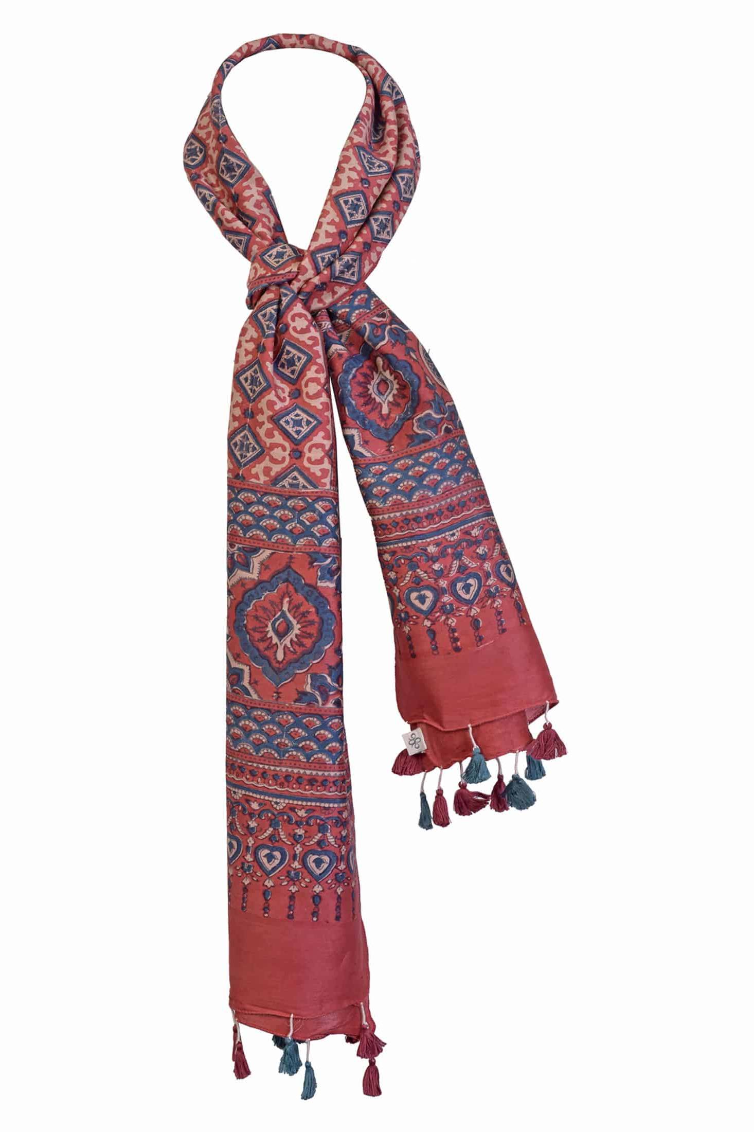 Hand Block Printed Tassled Rust Stole Neck View