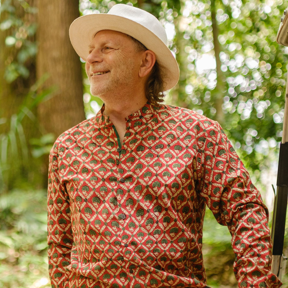 Man in Bohemian Hat wearing Colima block print long sleeve print 2